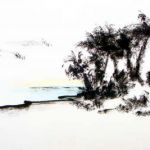 Under the Palms - Ink on washi paper - 12"x18" beach-sea-shore-cottage-plam-trees-ink-drawing-washi-paper