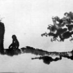 Daruma of the Rock - Ink on xuan paper - 3"x9" bodhidharma-daruma-tree-landscape-figure-xuan-paper