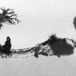 Daruma and Vulture - Ink on xuan paper - 3"x8" bodhidharma-daruma-vulture-landscape-figure-xuan-paper