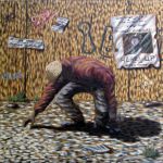 Heads Up - Oil on canvas - 24"x24" impressionist-oil-painting-city-scene-graffiti and man-coin