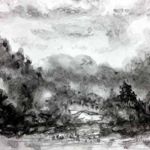 Pale Pond - Ink Drawing - 4"x6" sumi-e-drawing-mountains-Asian-monastery-pond