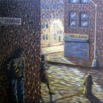 Trance - Oil on Canvas - 24"x24" city-buildings-night-scene-strangers